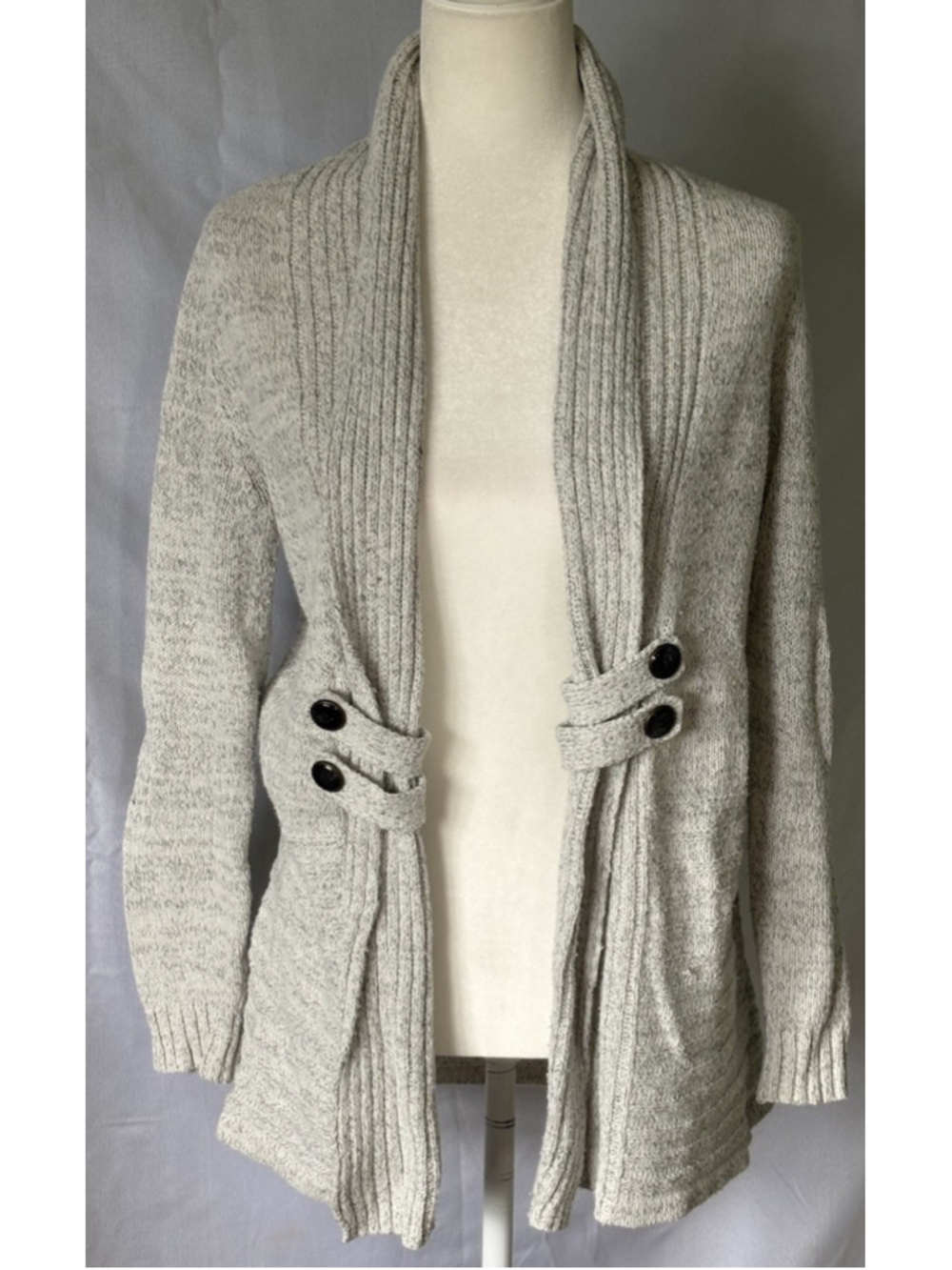Apt 9 Open Cardigan Sweater S Gray Off White Button Tab Coastal Grandma Chunky